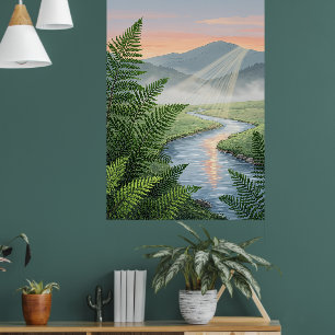 Serene River Valley Landscape Art Poster Sunset