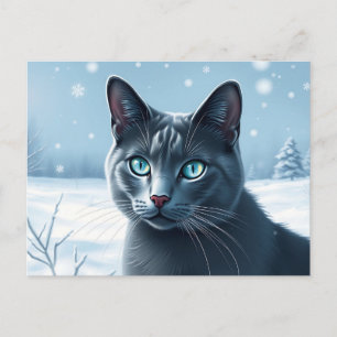 Serene Russian Blue Cat in a Tranquil Snowy Winter Postcard