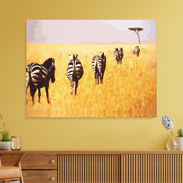 Serene Safari – Zebras in the Golden Grasslands Canvas Print (Insitu(LivingRoom))