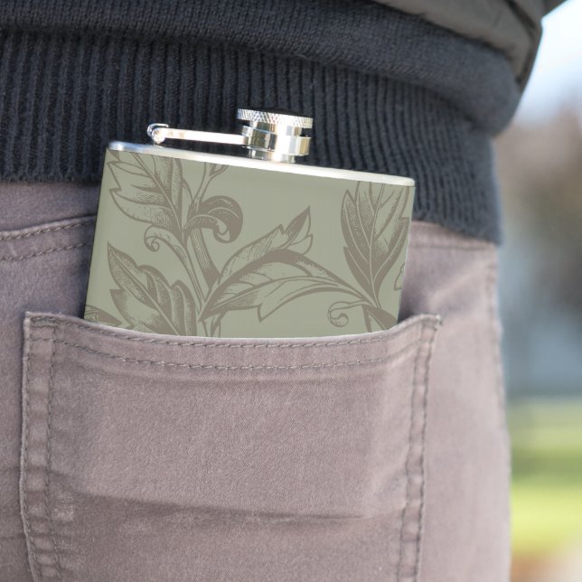 Serene Sage Green | Bold Botanical Statement Leafy Hip Flask (In Situ)
