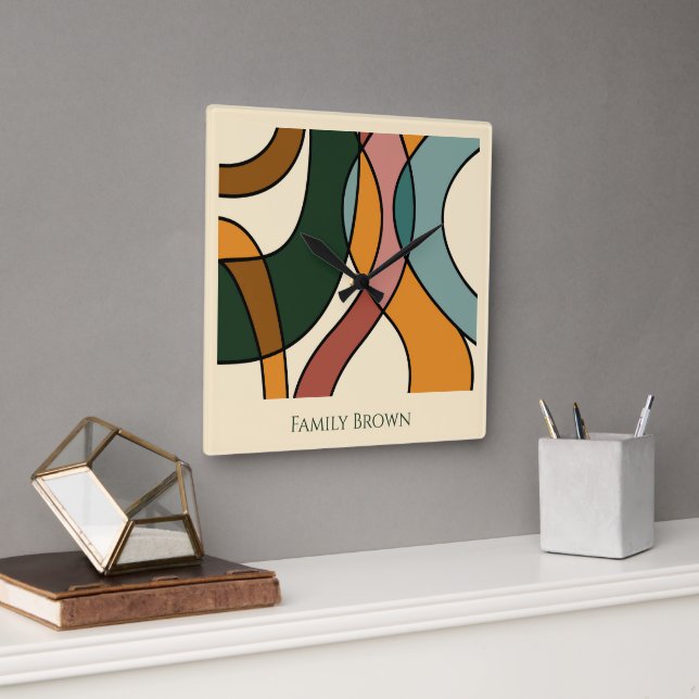 Serene Savanna Gentle Abstract Earthy Family Name  Square Wall Clock (Office)