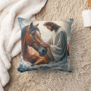 Serene Scene of Compassion with Jesus and Horse  Cushion