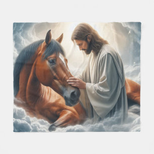Serene Scene of Compassion with Jesus and Horse  Fleece Blanket