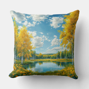 Serene Scenic Lake Landscape with Yellow Fall Tree Cushion