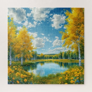 Serene Scenic Lake Landscape with Yellow Fall Tree Jigsaw Puzzle