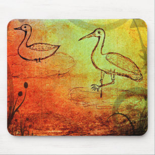 Serene Scrolls: Rain-Drenched Duck & Crane Mouse Mat