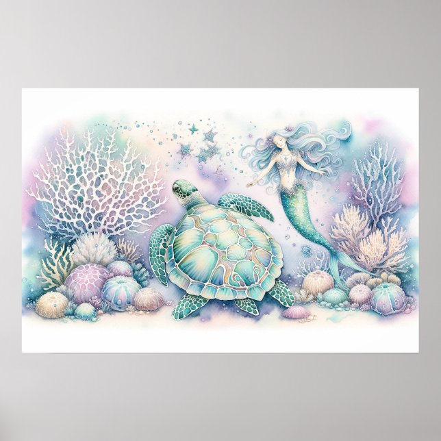 Serene Sea Turtle and Mermaid Print (Front)