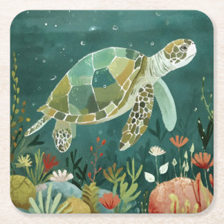 Serene Sea Turtle: Underwater Oasis Square Paper Coaster