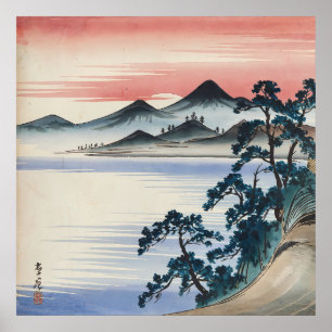 Serene Seascape Sunset Vintage Watercolor Painting Poster