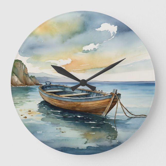 Serene Seascape: Watercolor Boat Clock (Front)