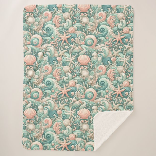 Serene Seashore Swirls: Pastel Ocean Whispers Sherpa Blanket (Front)