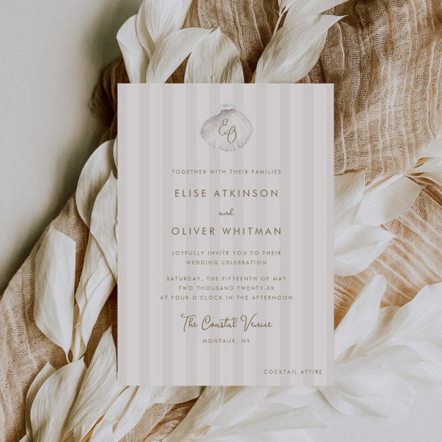 Serene Shell Monogram Coastal Stripes Wedding Invitation (Creator Uploaded)