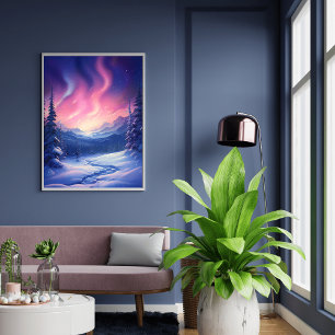 serene snowy landscape illuminated Poster
