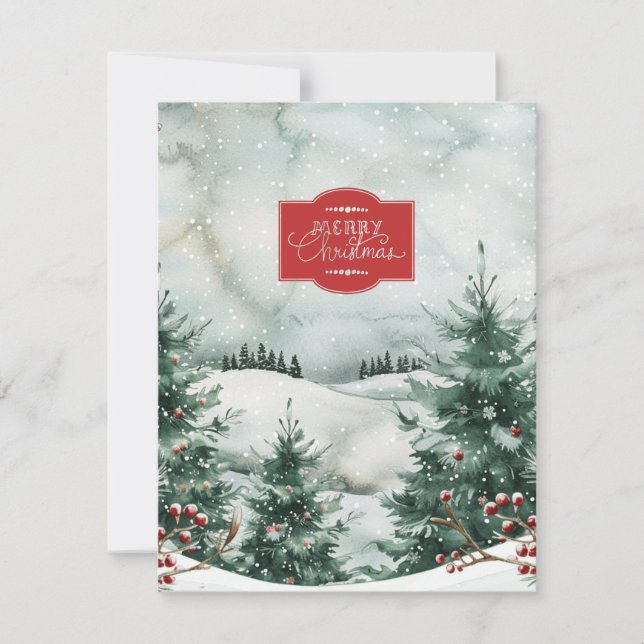 Serene Snowy Mountain Forest Christmas Card (Front)