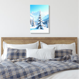 Serene Snowy Mountain Landscape & Winter Pine Tree Canvas Print