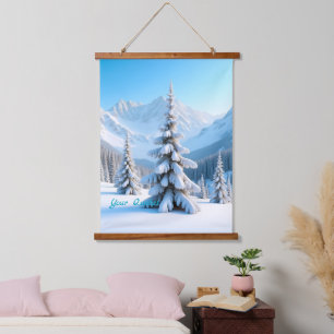 Serene Snowy Mountain Landscape & Winter Pine Tree Hanging Tapestry