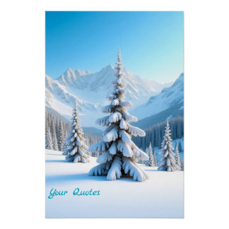 Serene Snowy Mountain Landscape & Winter Pine Tree Poster