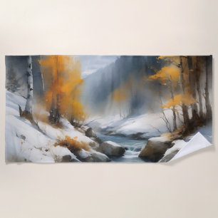 Serene snowy winter river landscape painting beach towel