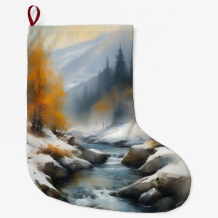 Serene snowy winter river landscape painting large christmas stocking