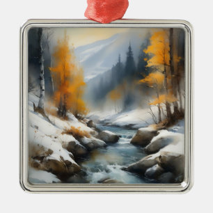 Serene snowy winter river landscape painting metal tree decoration