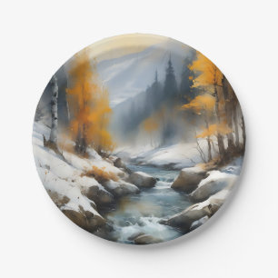 Serene snowy winter river landscape painting paper plate