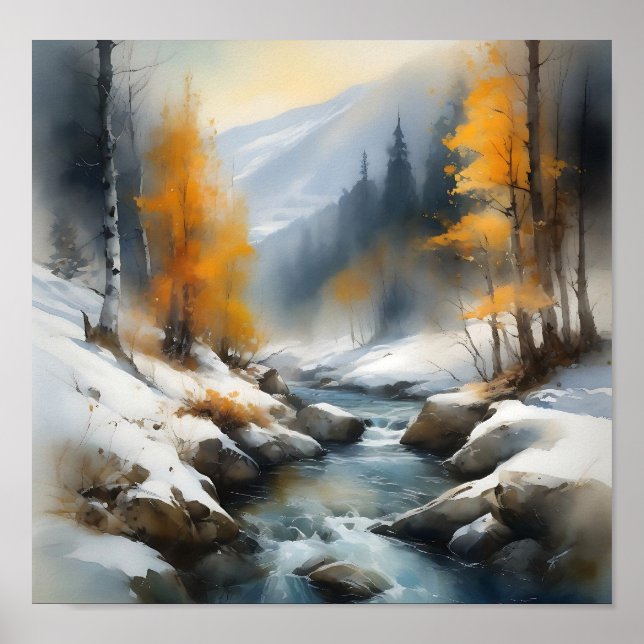 Serene snowy winter river landscape painting poster (Front)