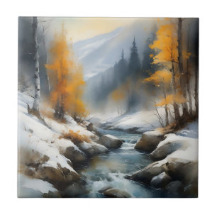 Serene snowy winter river landscape painting tile