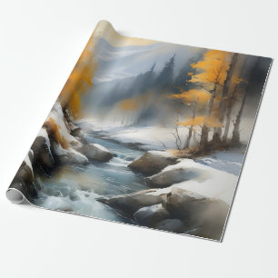 Serene snowy winter river landscape painting wrapping paper