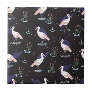 Serene Stork Pond Pattern - Elegant Reflections Tile