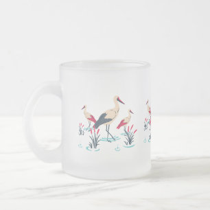 Serene Stork Sanctuary - Elegant Pond Scene Frosted Glass Coffee Mug