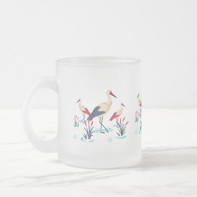 Serene Stork Sanctuary - Elegant Pond Scene Frosted Glass Coffee Mug (Left)