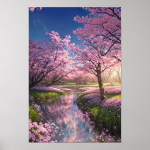 Serene Stream and Sakura Trees Poster