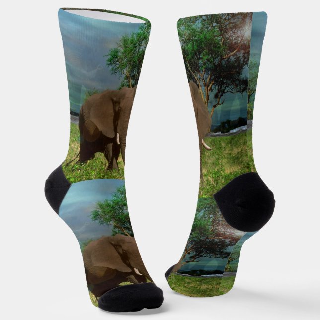 "Serene Strength: The Bull Elephant Grazing"  Socks (Angled)