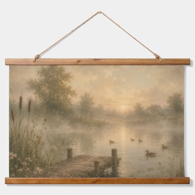 Serene Sunrise Misty Pond Wall Hanging Tapestry (Front)