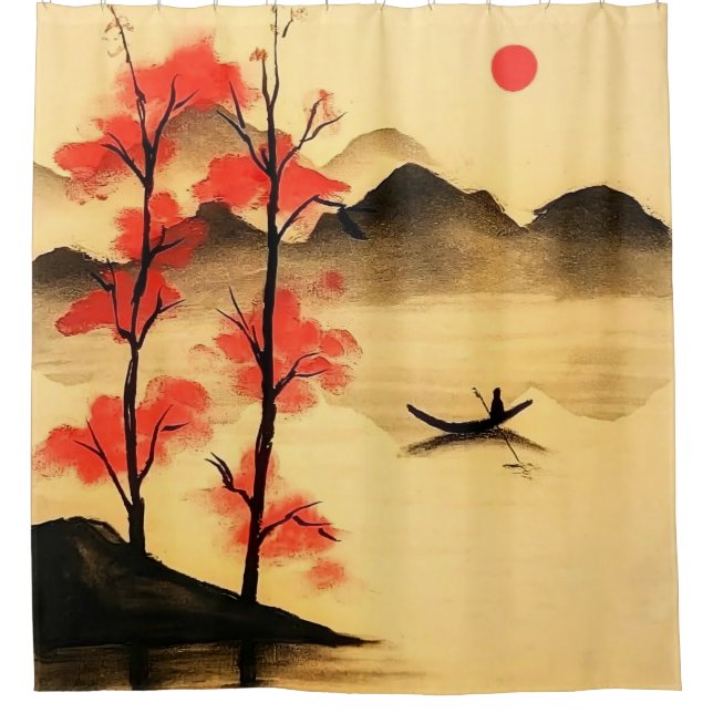 “Serene Sunrise Over Misty Waters” Shower Curtain (Front)