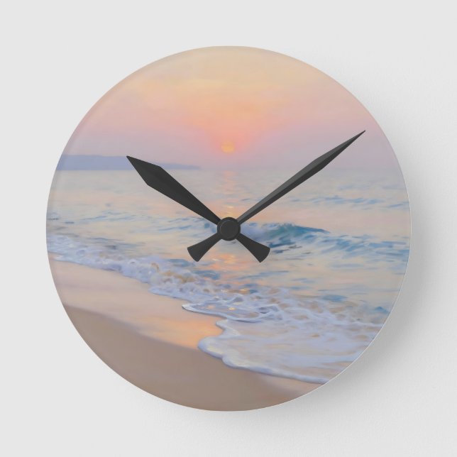 Serene Sunset Beach Ocean Glow Round Clock (Front)