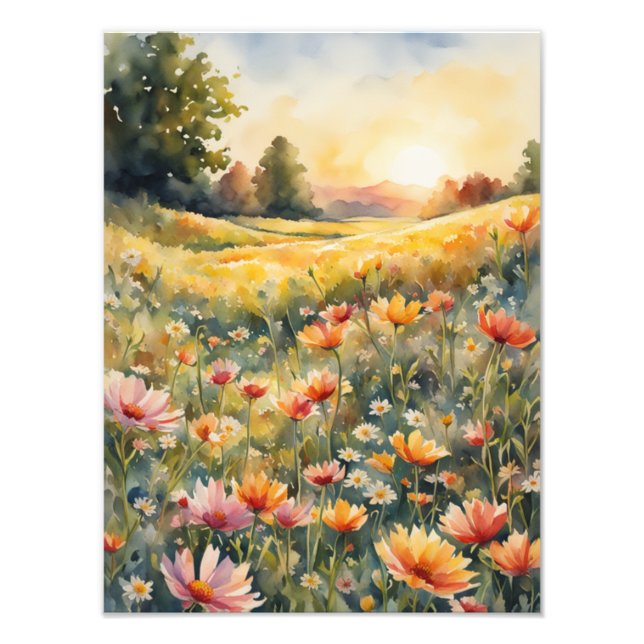 Serene Sunset Flower Field Photo Print (Front)