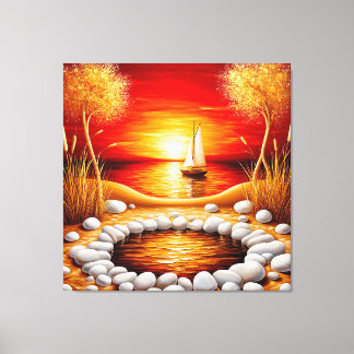 Serene Sunset Over a Lake With Sailboat Canvas Print