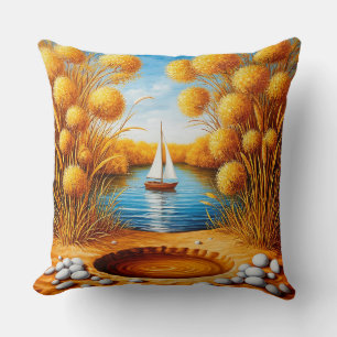 Serene Sunset Over a Lake With Sailboat Cushion