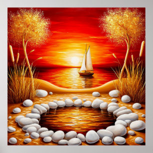 Serene Sunset Over a Lake With Sailboat Poster