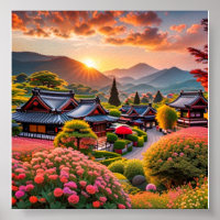 Serene Sunset Over Japanese Garden, Landscape