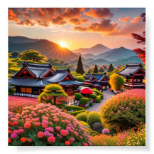 Serene Sunset Over Japanese Garden, Landscape