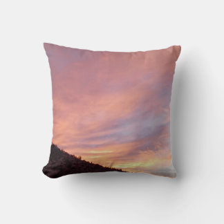 Serene Sunset Over Mountain Ridge With Pink Orange Cushion