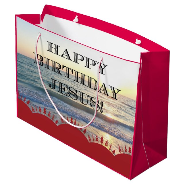 Serene Sunset Over Ocean Happy Birthday Jesus Large Gift Bag (Back Angled)