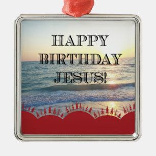Serene Sunset Over Ocean Happy Birthday Jesus Metal Tree Decoration