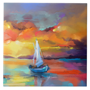 Serene Sunset Sailboat Art Tile
