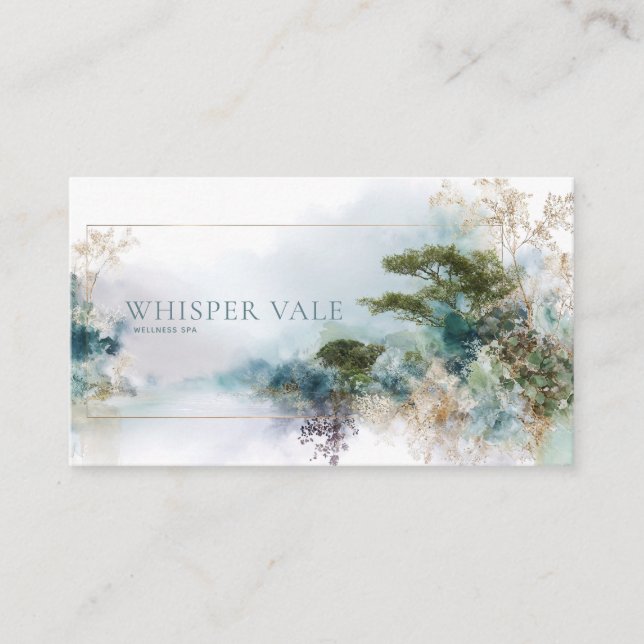 Serene Teal and Gold Zen Watercolor Landscape Business Card (Front)