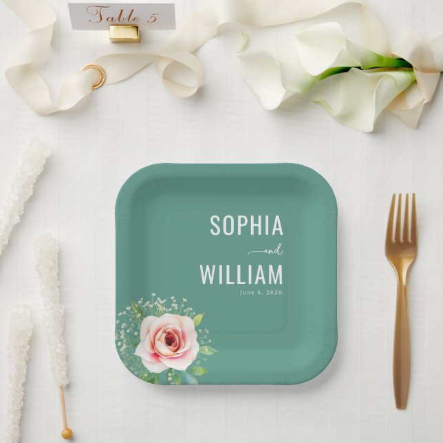 Serene Teal Floral Paper Plate (Wedding)