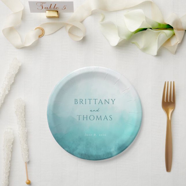 Serene Teal Watercolor Waves Paper Plate (Wedding)