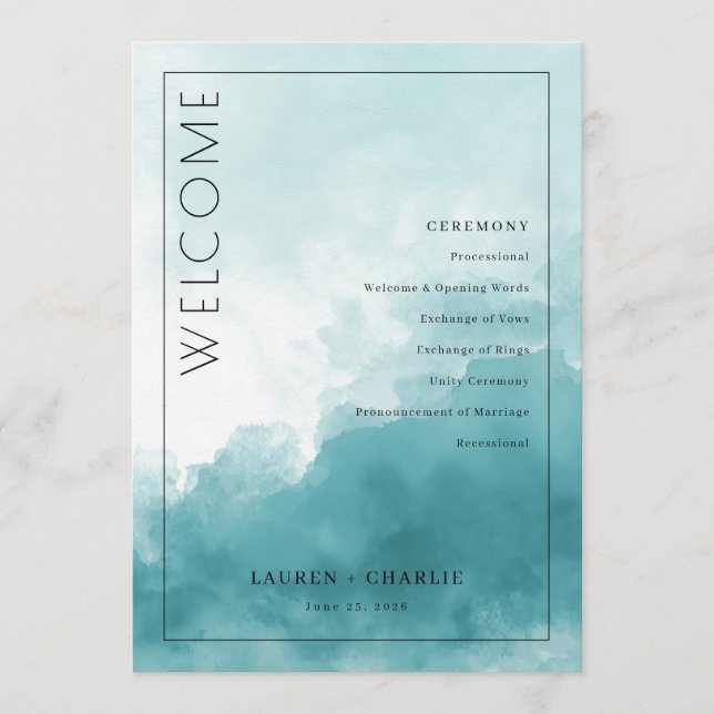 Serene Teal Watercolor Wedding Ceremony Schedule Programme (Front)